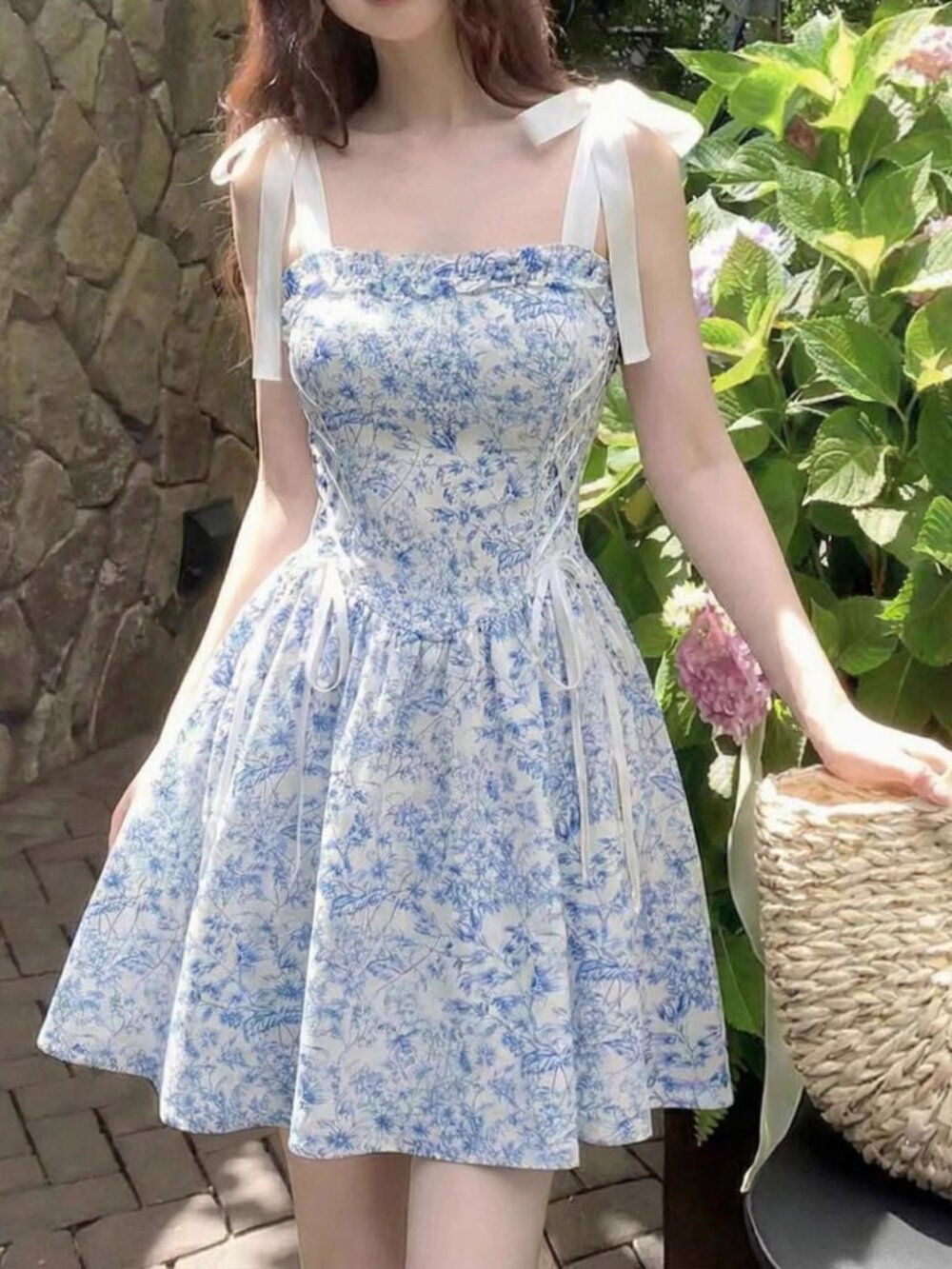 Floral Lace-Up A-Line Mini Dress | Sleeveless Summer Vacation Dress